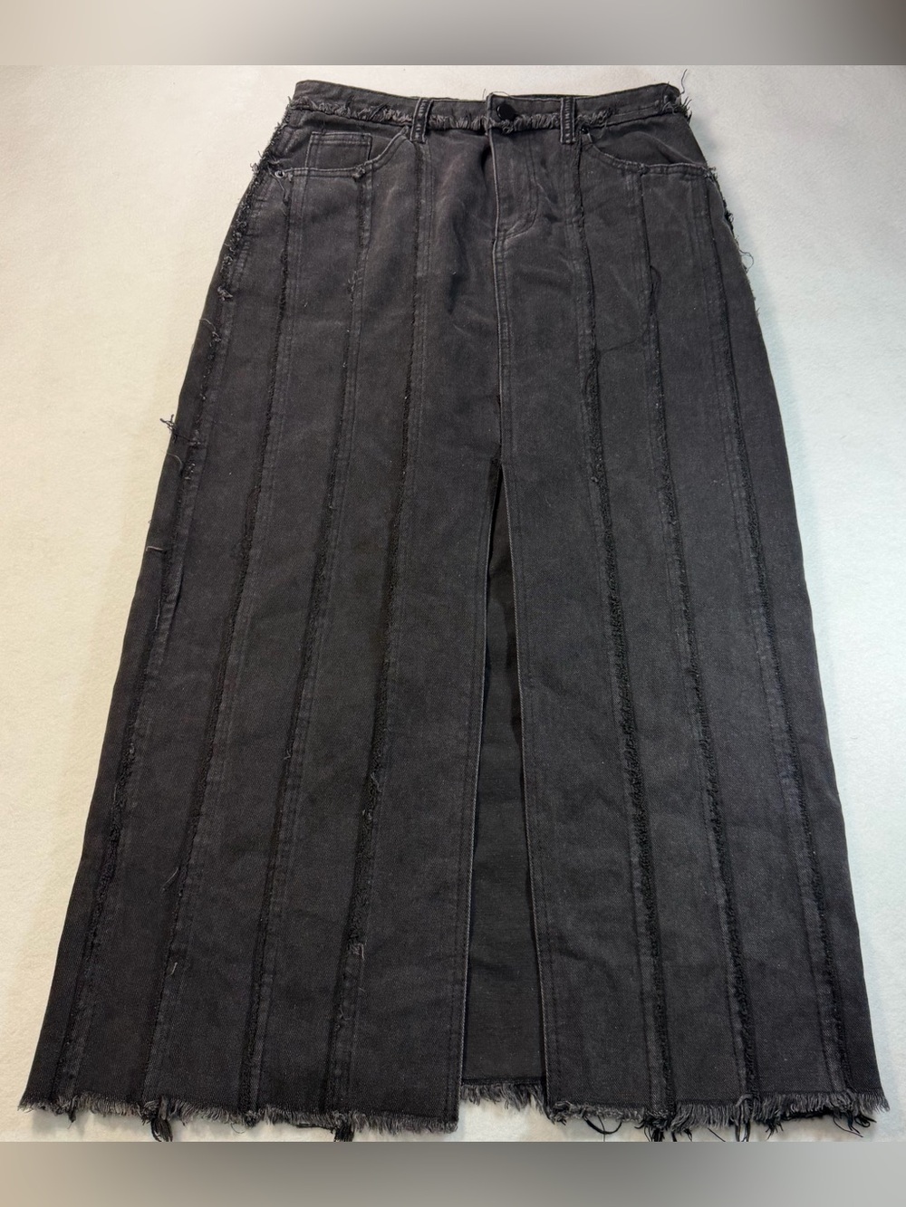 Blue B Collection M Distressed Raw Seam Denim Maxi Skirt Black